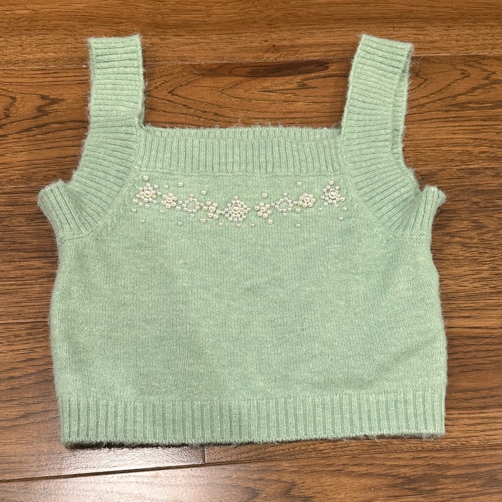 Zara Mint Green Beaded Knit Crop Tank Top s